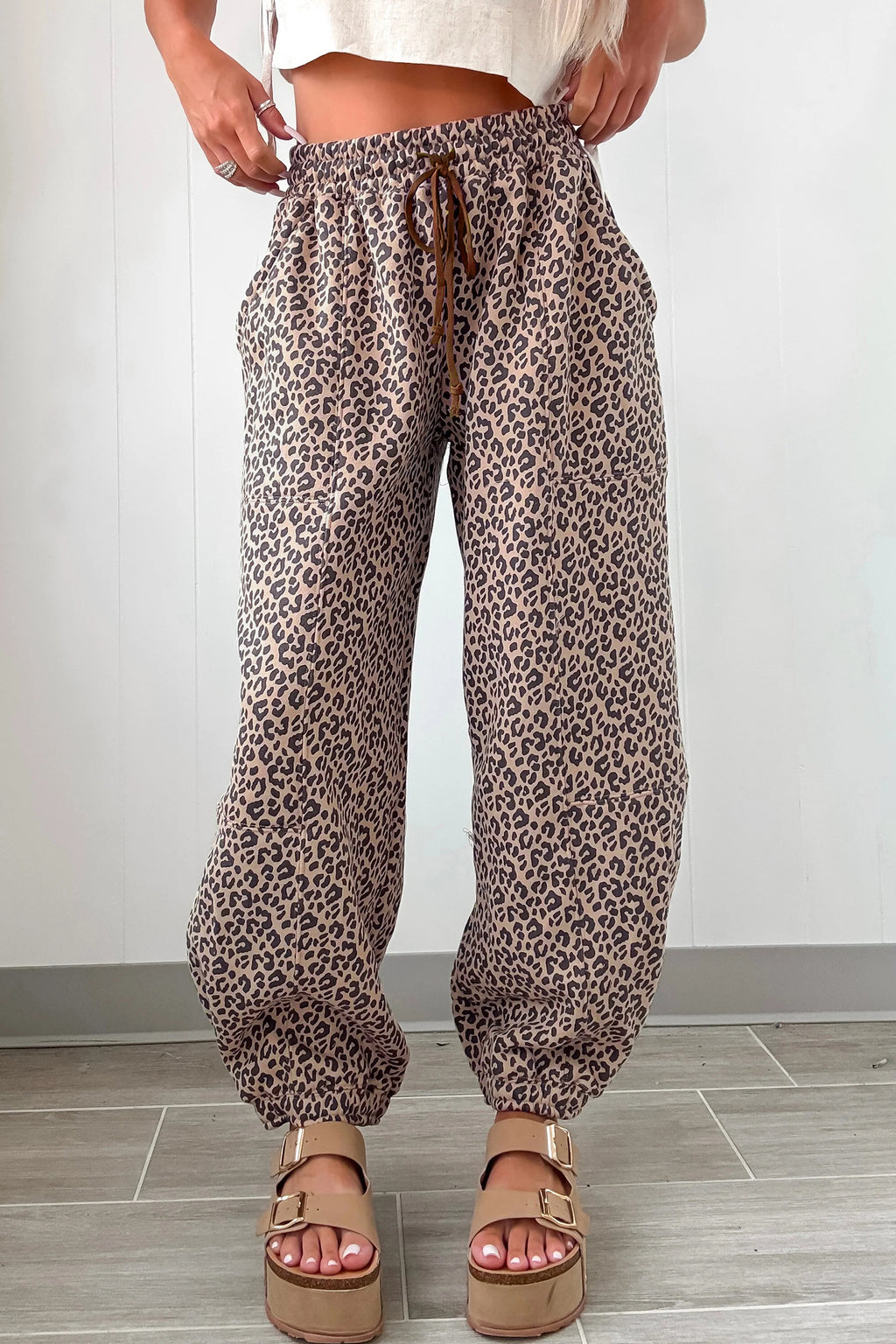 Khaki Leopard Print Elastic Waist Ankle Length Pants Dear-Lover Dropshipping