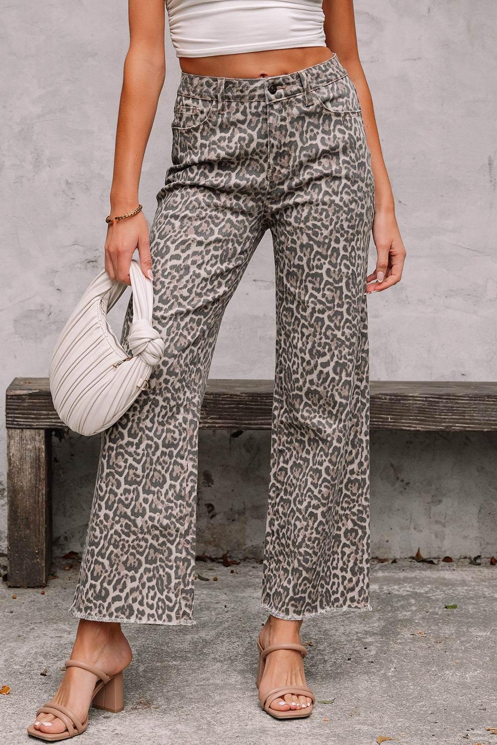 Women's brown leopard high waist wide-leg jeans with frayed edge