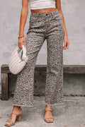 Women's brown leopard high waist wide-leg jeans with frayed edge