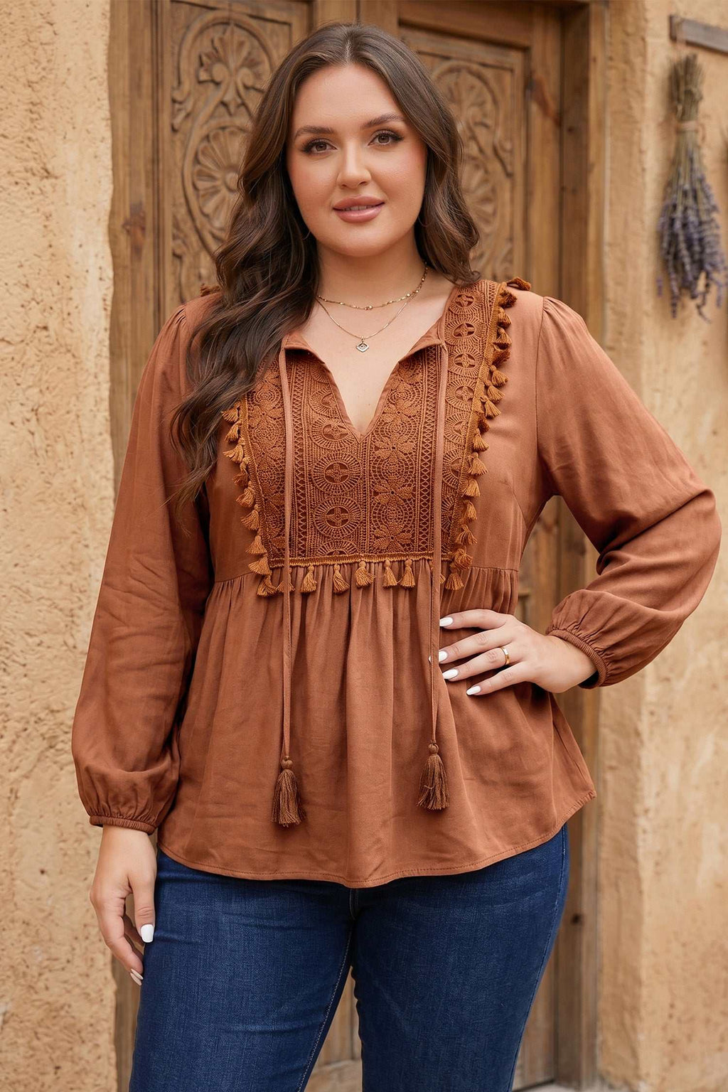 Chestnut boho plus size blouse, alternate view