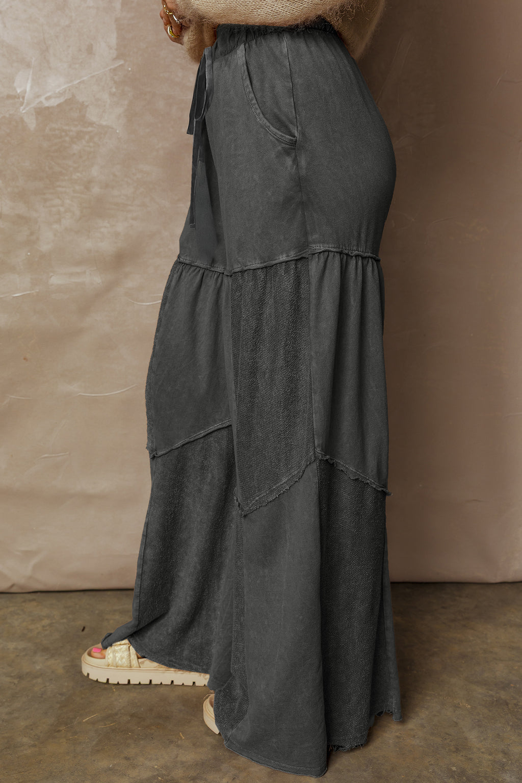Black tiered wide leg pants, view 3