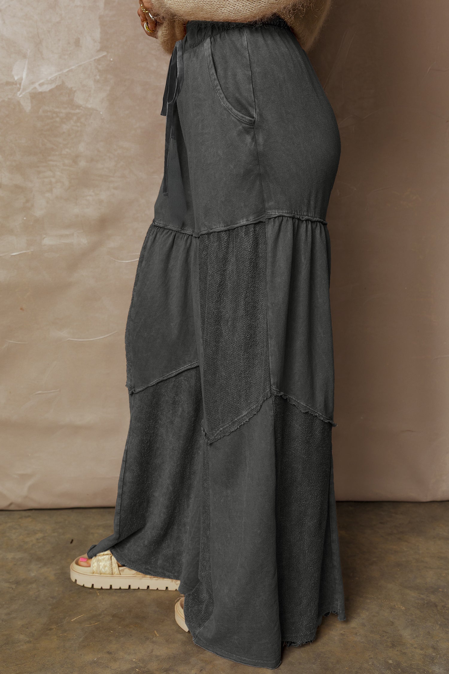 Black Mineral Wash Tiered Wide Leg Patchwork Drawstring Pants