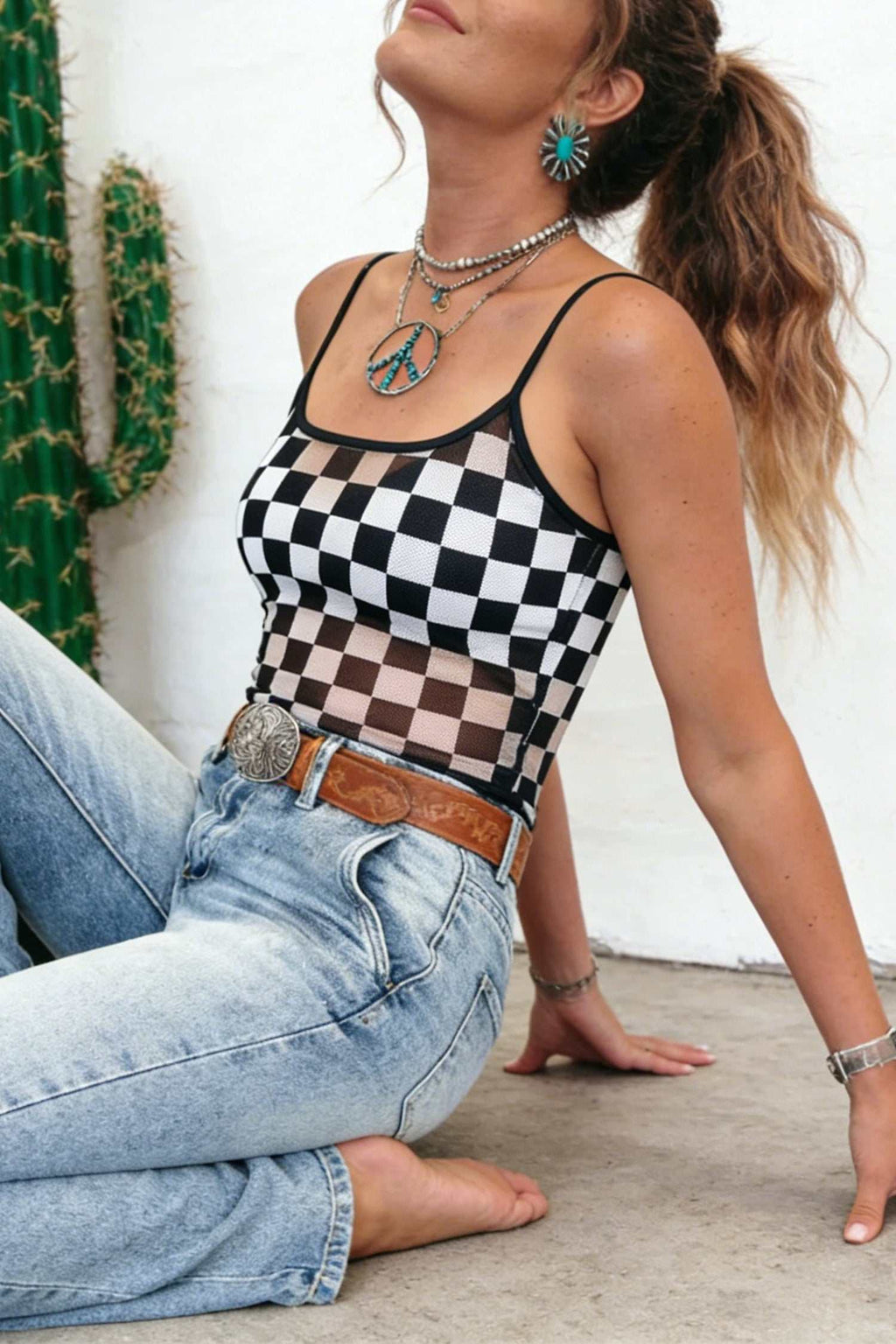 Black sheer checkered tank top, view 4