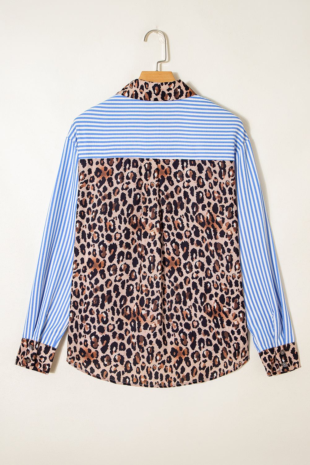 Button-up shirt with blue and white stripes and leopard print patchwork, featuring Racing Red contrast collar and cuffs.