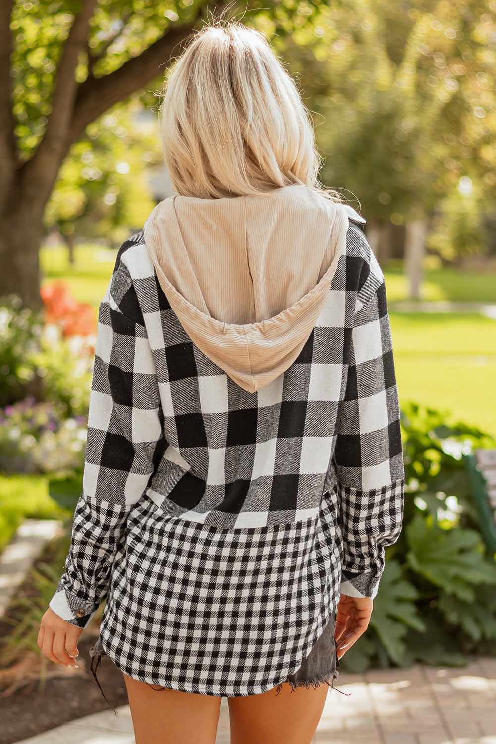Black Double Plaid Patchwork Drawstring Hooded Shacket Dear-Lover Dropshipping