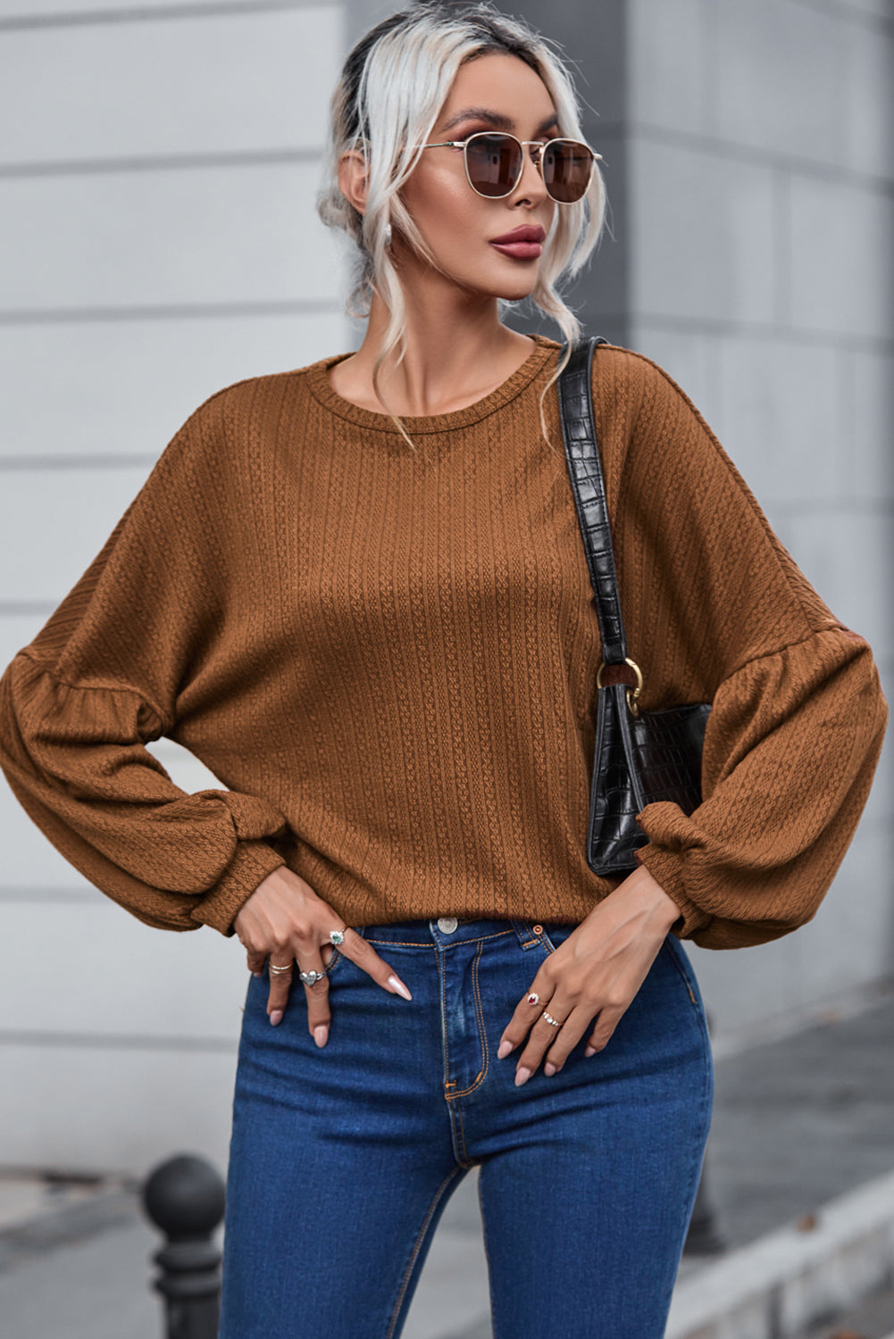 Orange Jacquard Knit Long Sleeve Top