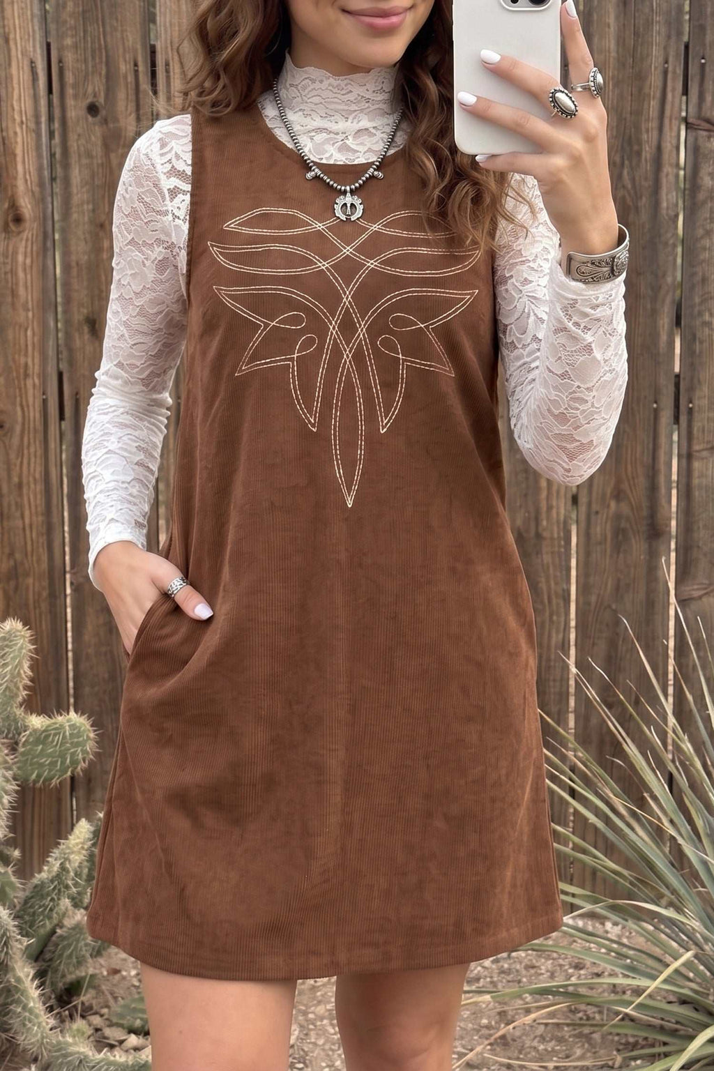 Coffee corduroy shift dress, view 6