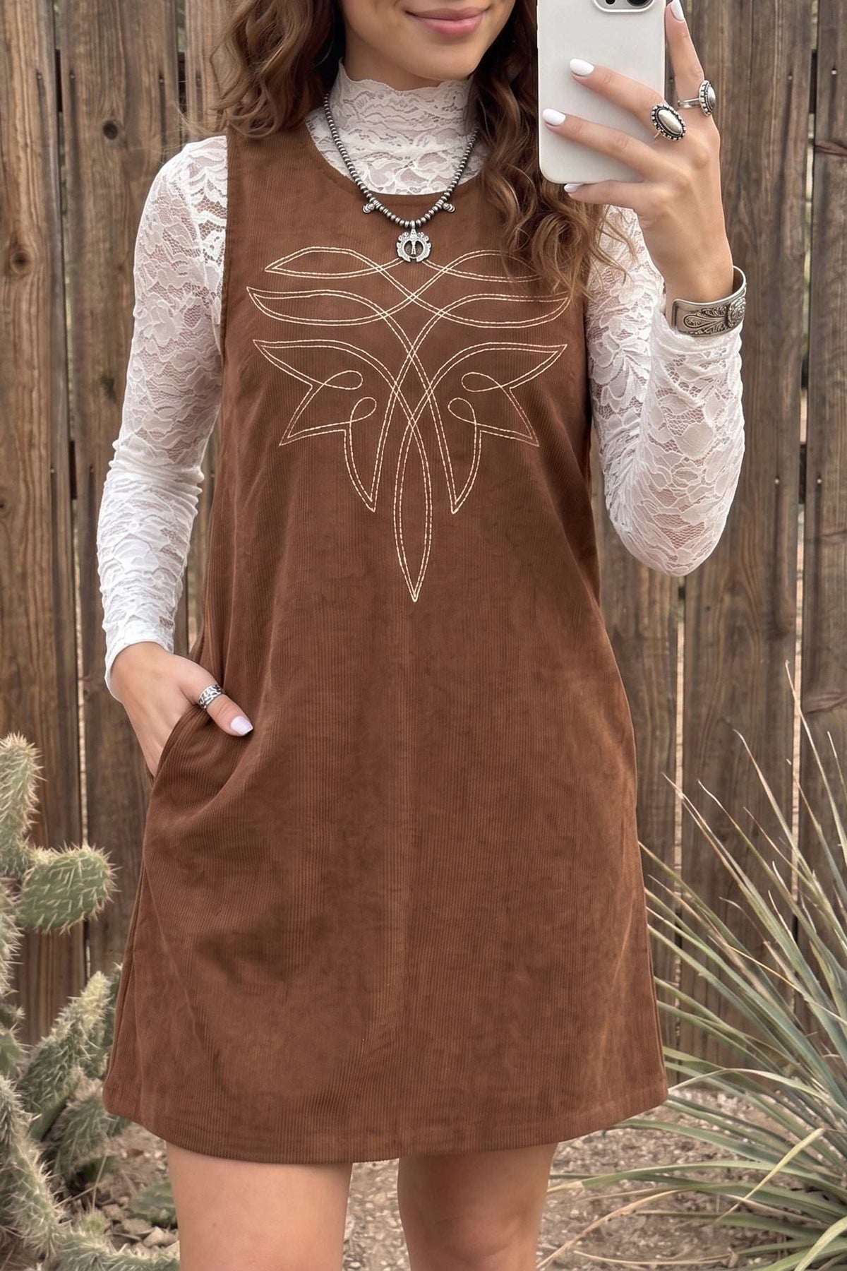 Coffee corduroy shift dress, view 6