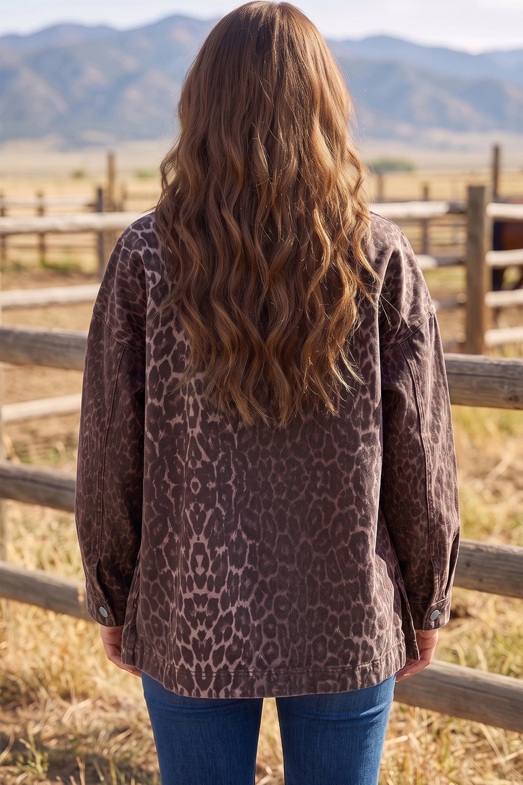Khaki Oversized Leopard Print Long Sleeve Patch Pocket Denim Jacket Dear-Lover Dropshipping