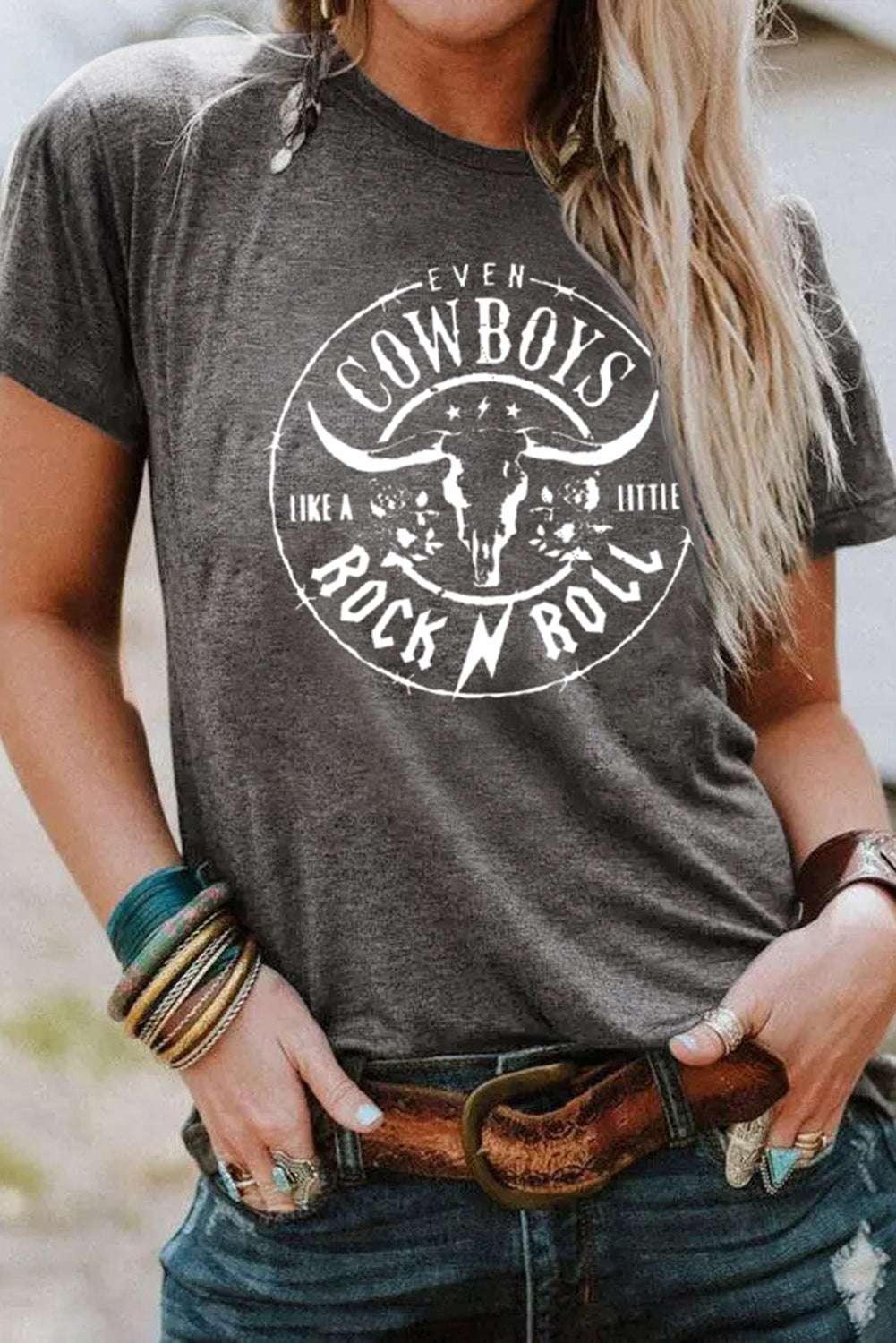 Women's gray western graphic tee with steer head and lettering