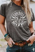 Women's gray western graphic tee with steer head and lettering