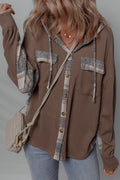 Brown Plaid Patchwork Button Down Drawstring Hooded Shacket Dear-Lover Dropshipping