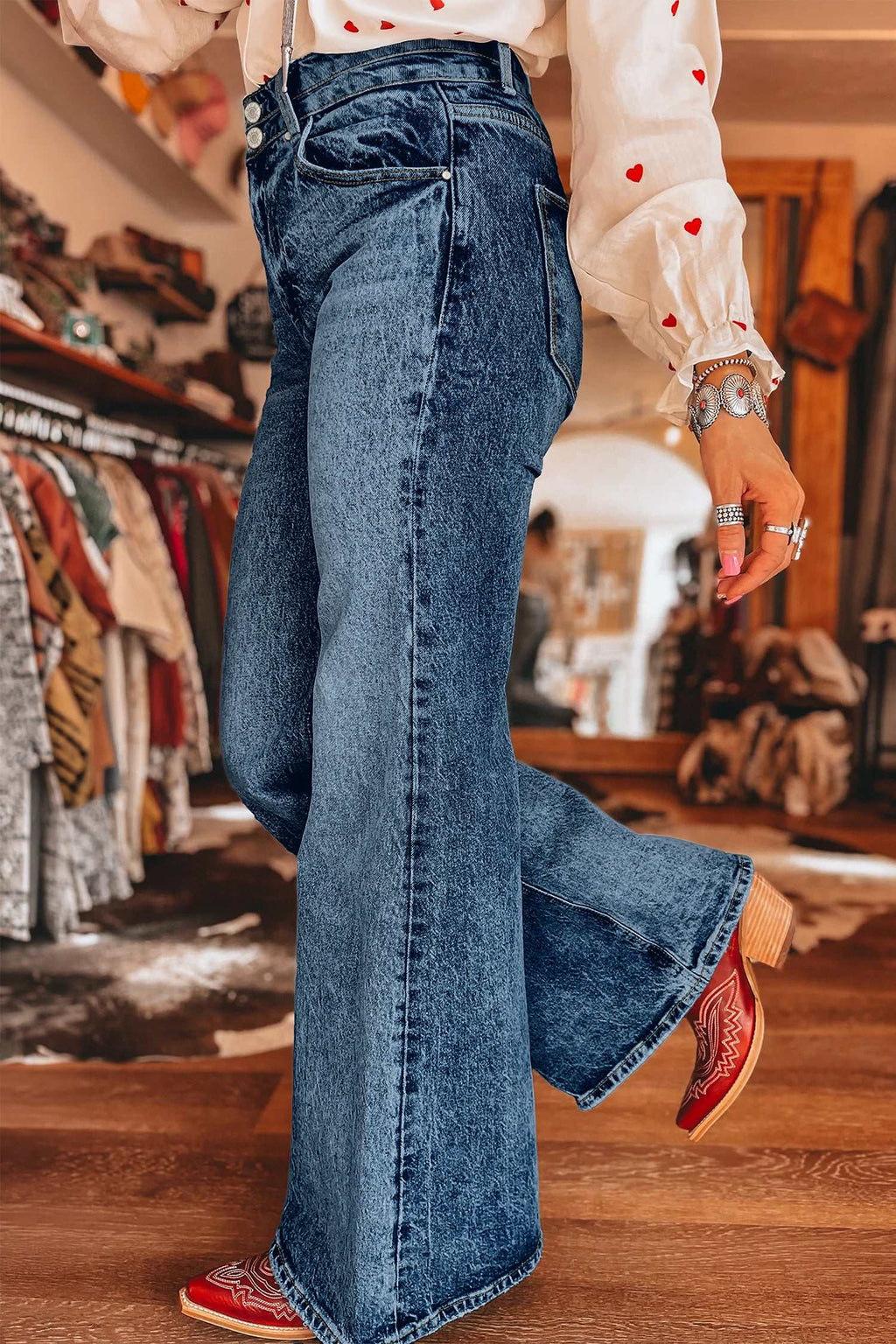 Blue acid wash flare jeans, view 21