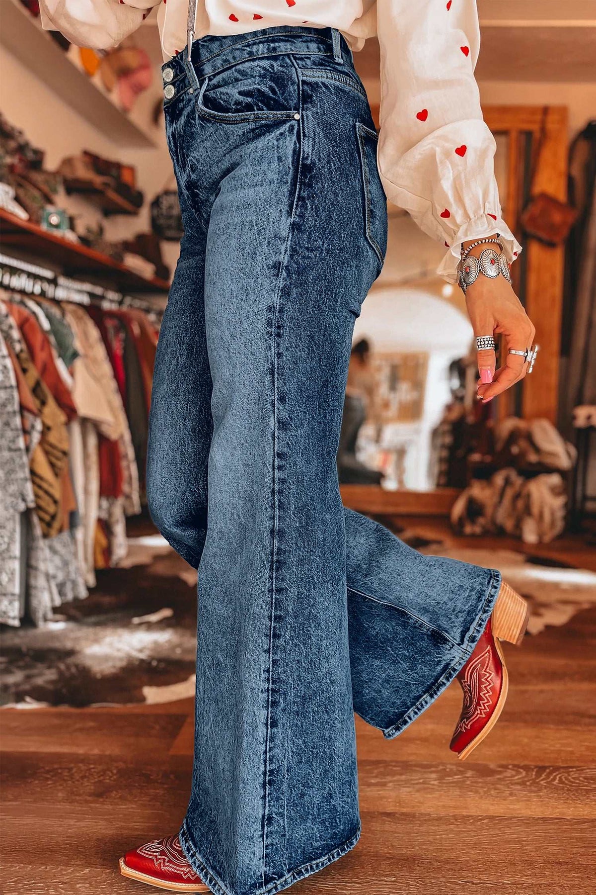 Blue acid wash flare jeans, view 21