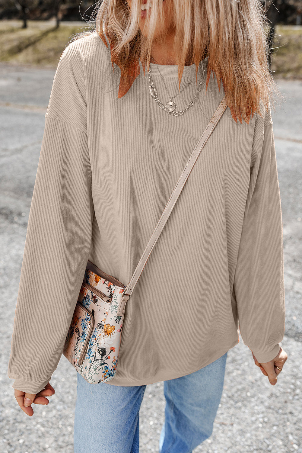 Smoke gray corduroy sweatshirt, alternate view