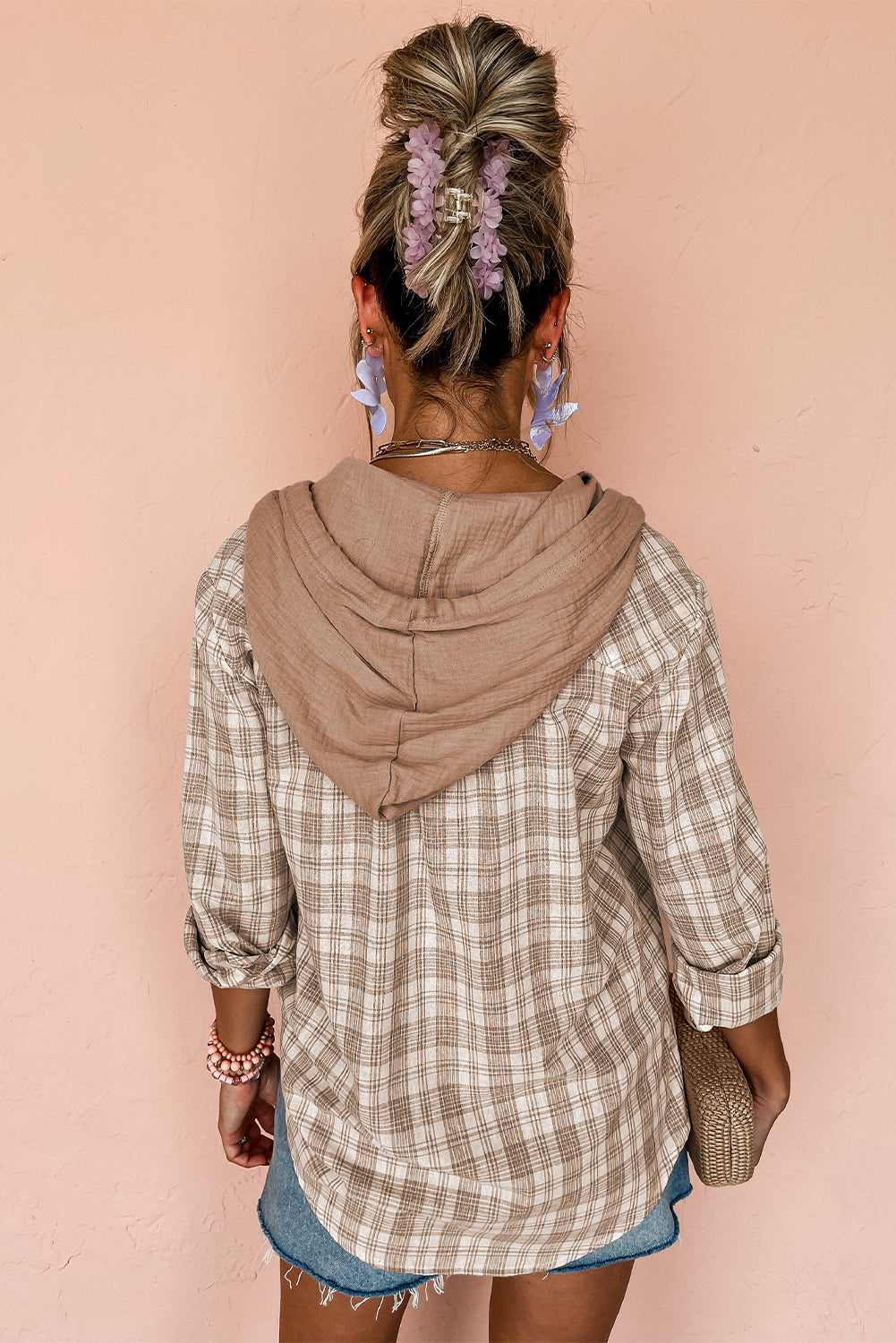 Khaki Checkered Print Loose Fit Buttoned Hooded Shacket Dear-Lover Dropshipping