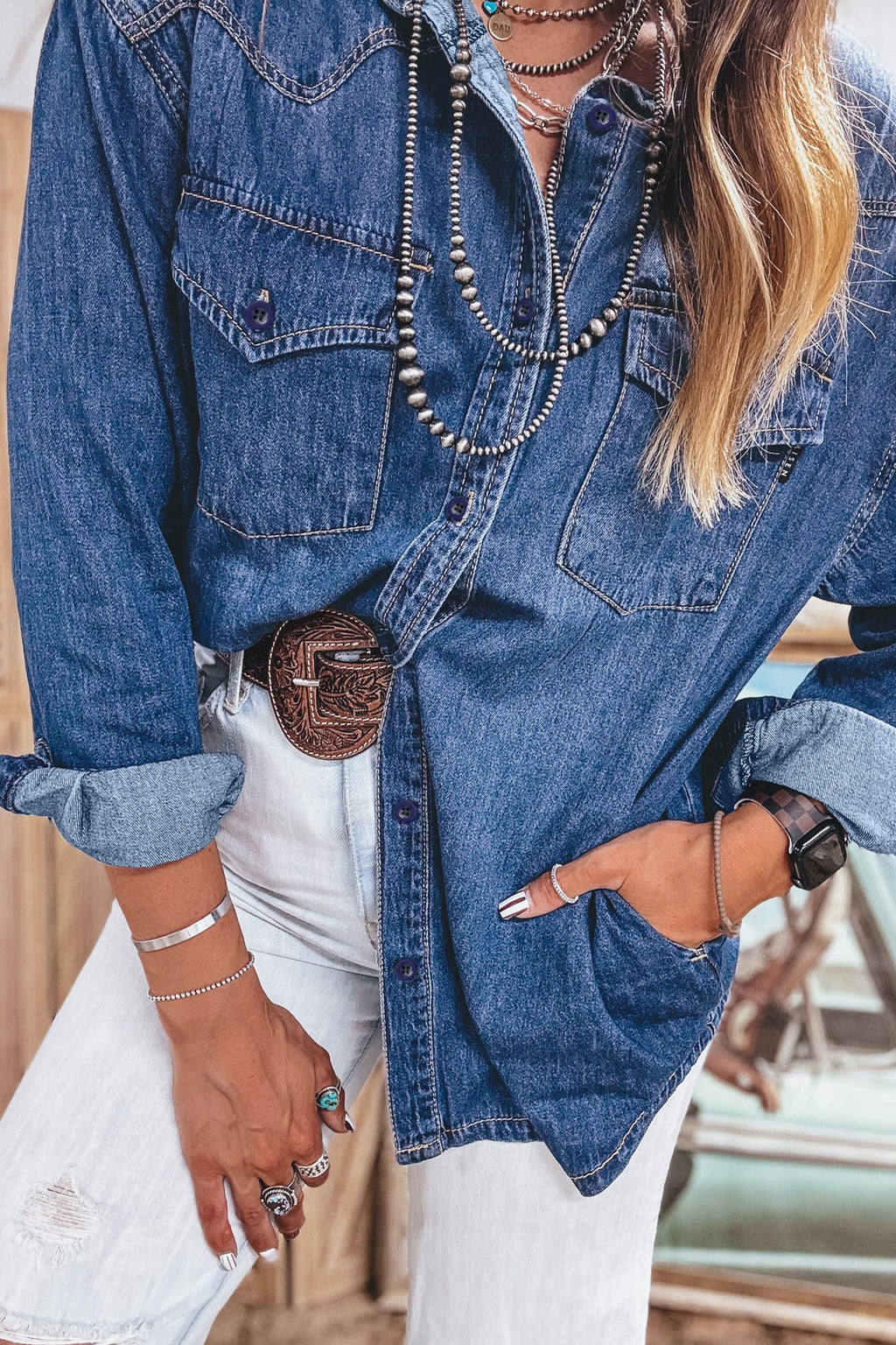 Sail blue tunic denim shirt, view 9