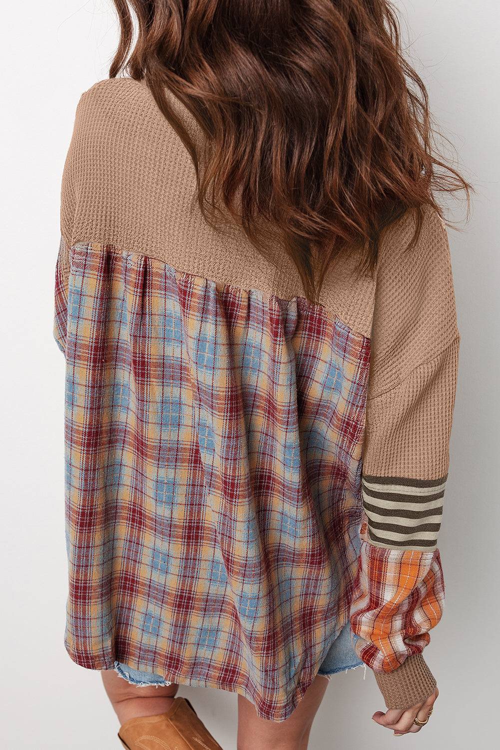 Straw Yellow Waffle Knit Henley top with plaid and striped patchwork, textured knit fabric, and relaxed fit design.