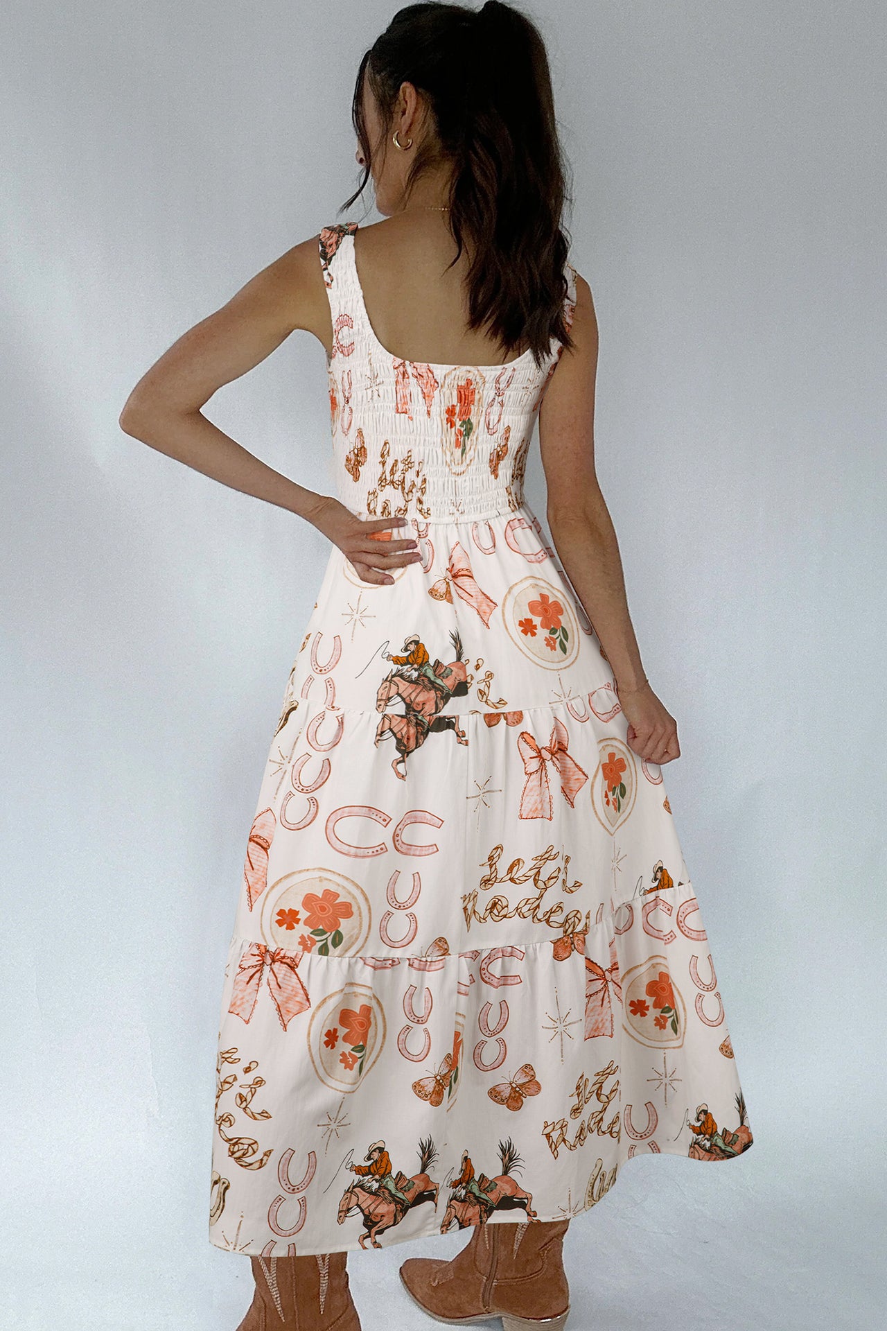 White Western Horseshoe Print U-Neck Sleeveless Midi Dress