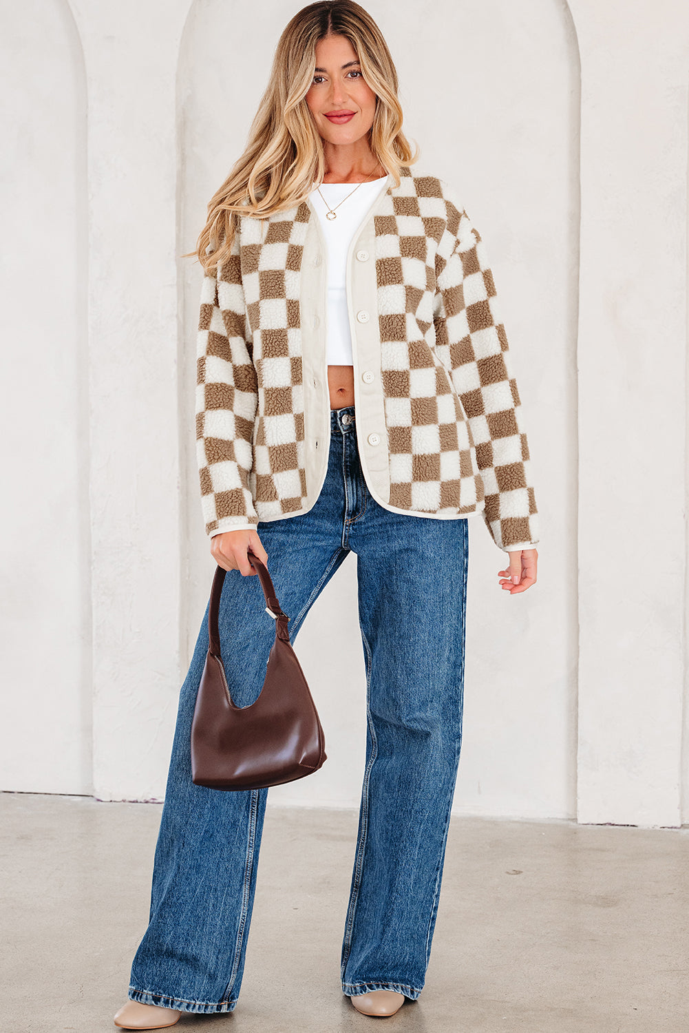 Brown Checkered Sherpa Buttoned Front Chunky Jacket Dear-Lover Dropshipping