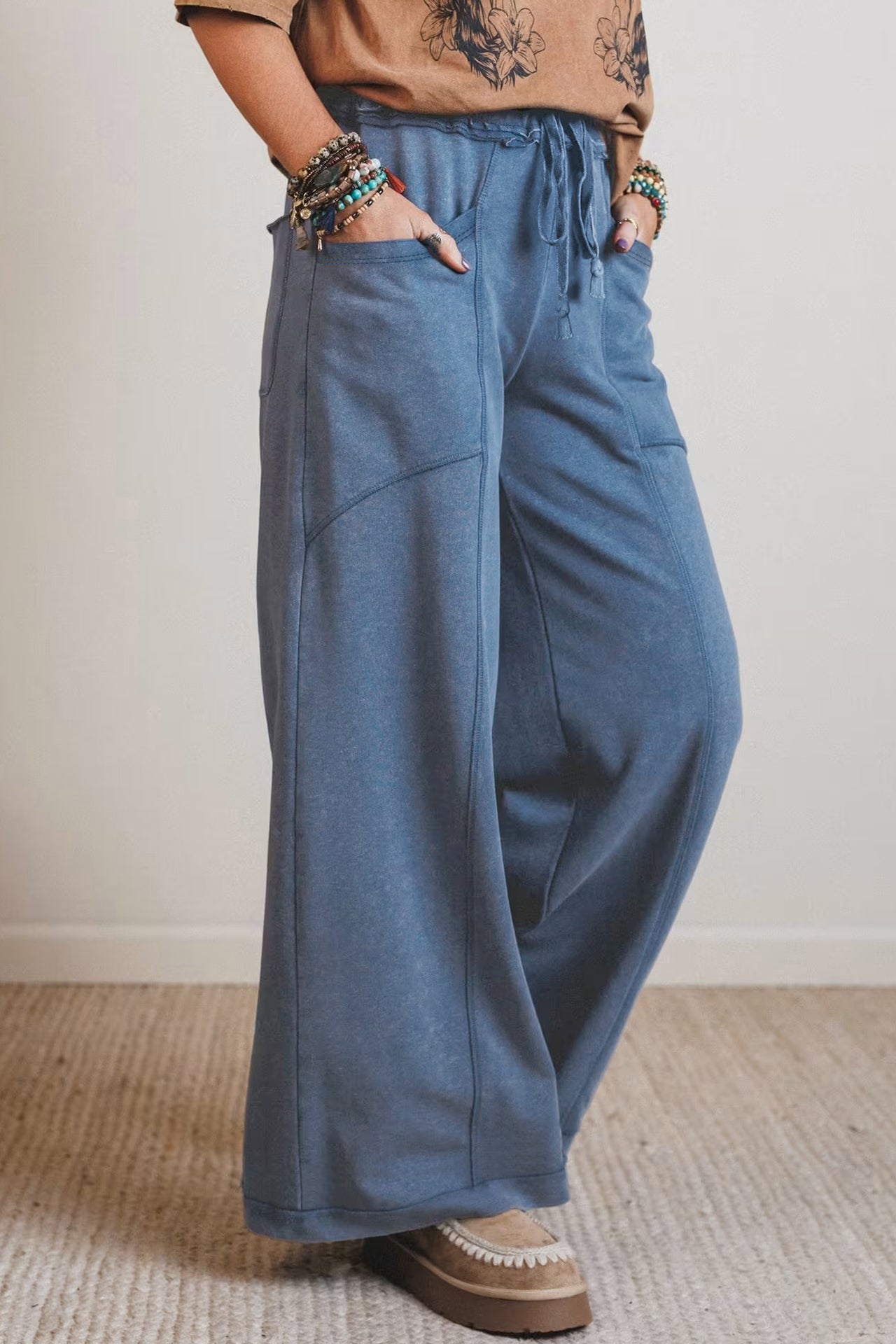 Smoke Gray Mineral Wash Drawstring Retro High Waist Wide Leg Western Pants