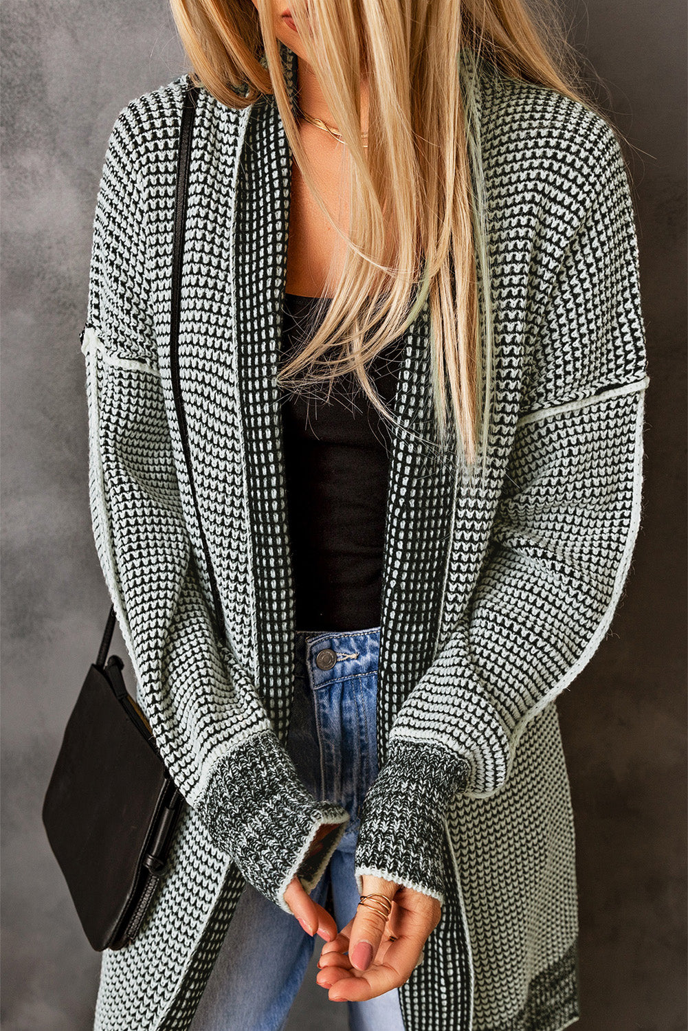 Gray plaid long cardigan, view 3
