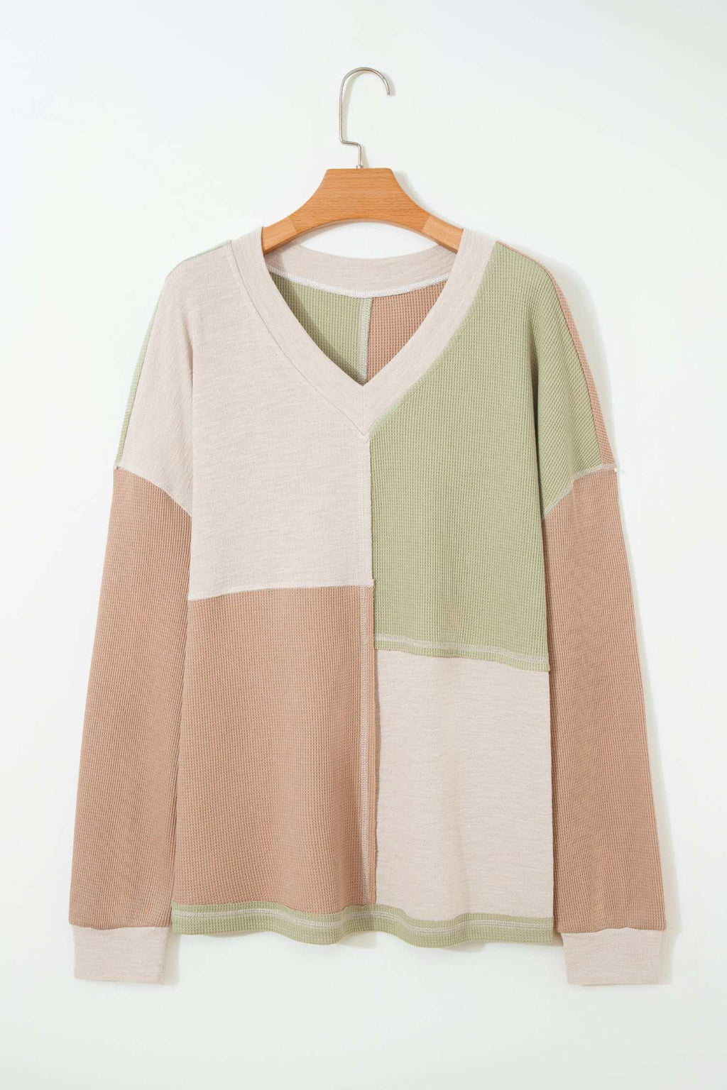Green Plus Mixed Texture Color Block Patchwork V Neck Long Sleeve Top BD Boutique