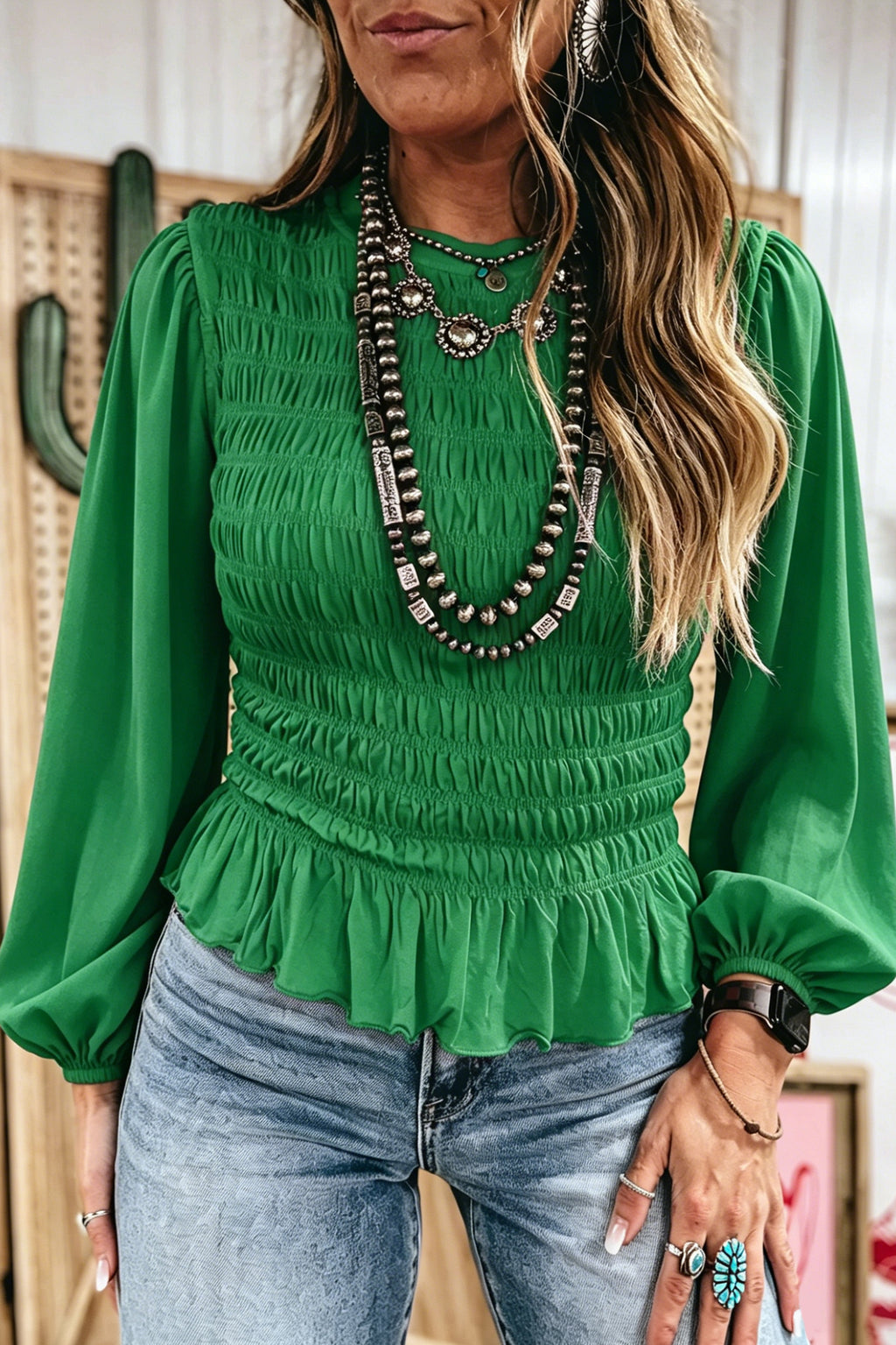 Jet Stream Solid Color Smocked Ruffle Hem Long Sleeve Blouse Dear-Lover Dropshipping