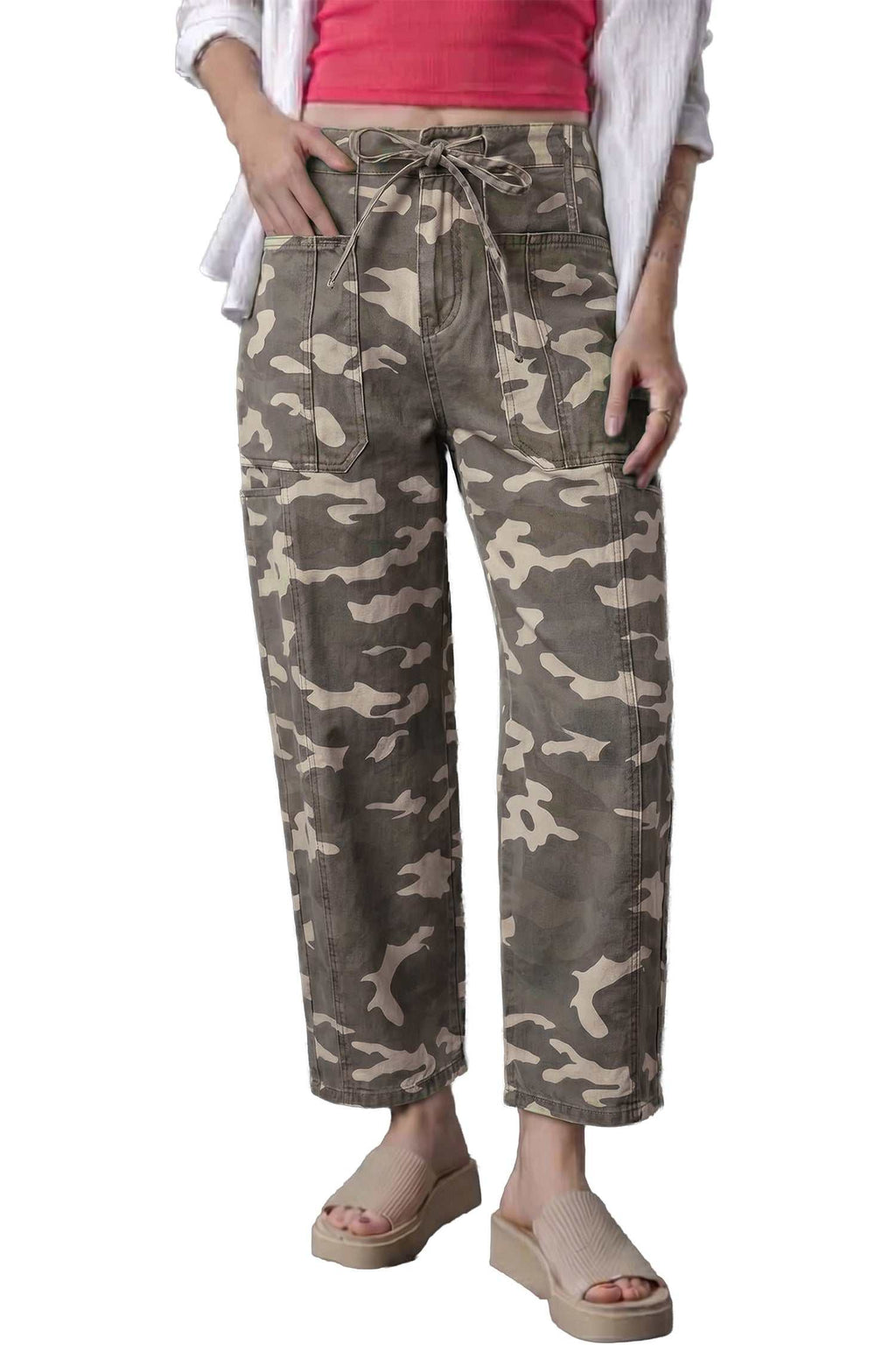 Khaki Leopard Drawstring relaxed barrel-fit jeans in a khaki camouflage pattern with side pockets and an elastic waistband.
