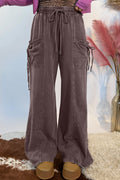 Dark Brown Cotton Mineral Wash Elastic Waist Drawstring Tie Detail Cargo Pants Dear-Lover Dropshipping