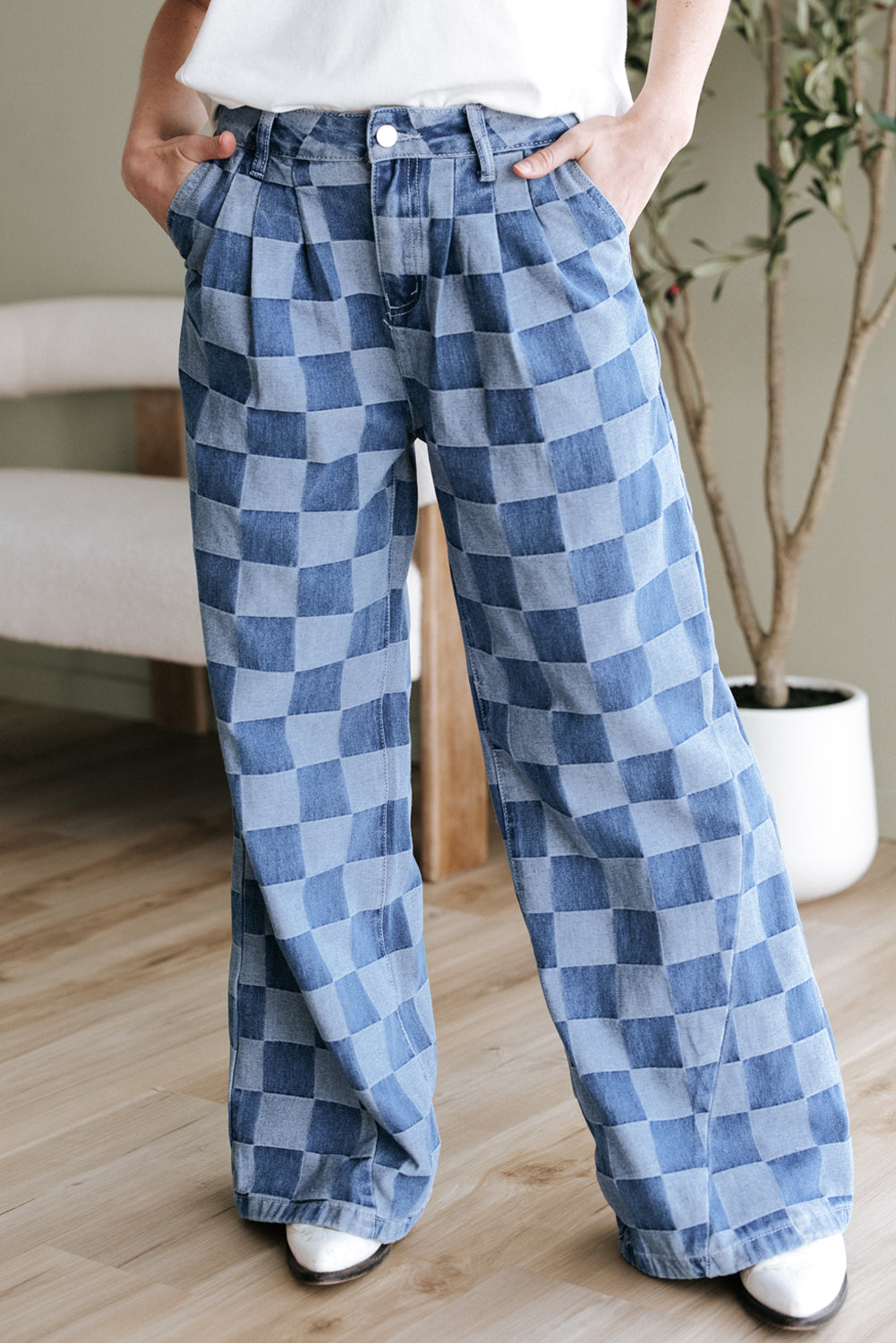 Grey checkered wide leg jeans, view 5