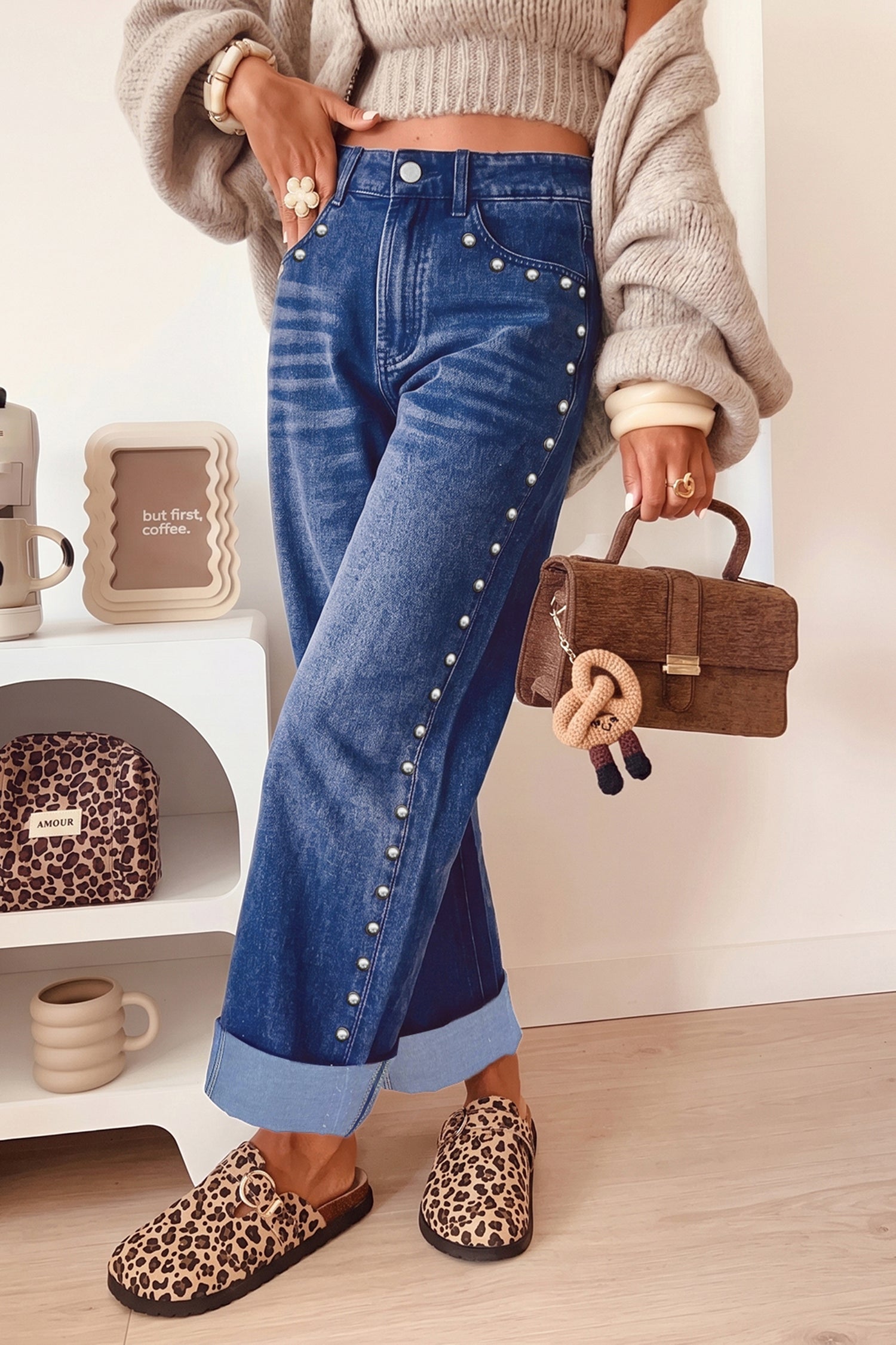 Black Studded Straight Leg Jeans | Casual Fit
