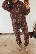 Women's brown western print two-piece pant set with elastic waist