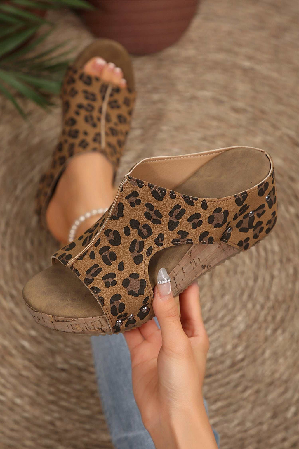 Leopard studded wedge slippers, view 5