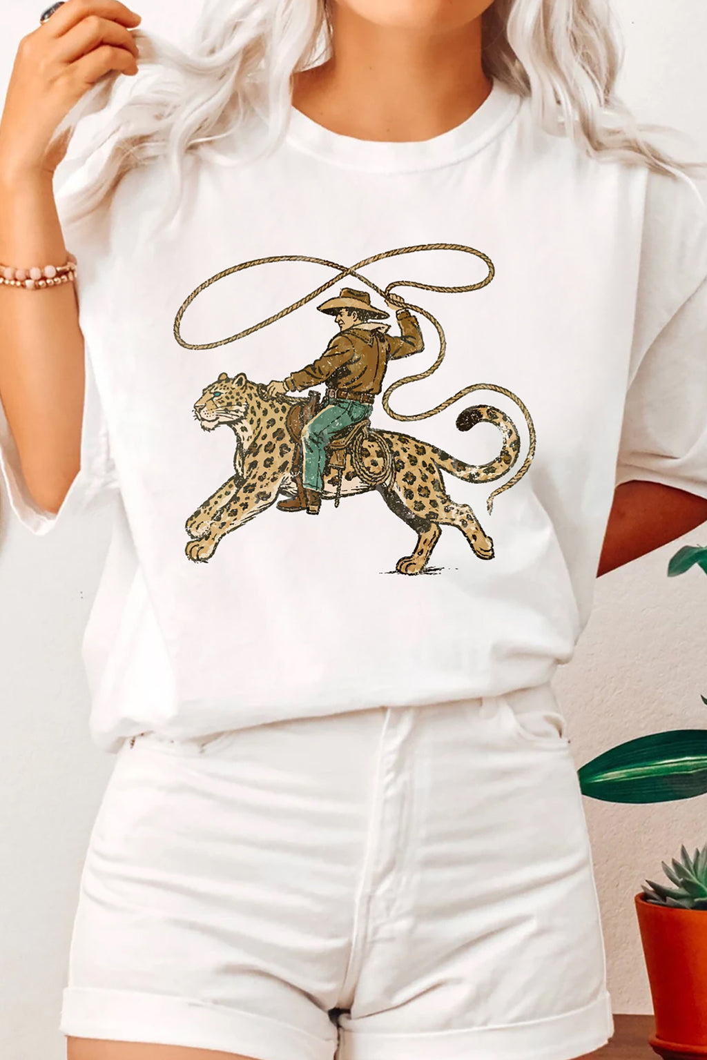 White leopard rodeo cowboy tee, view 5