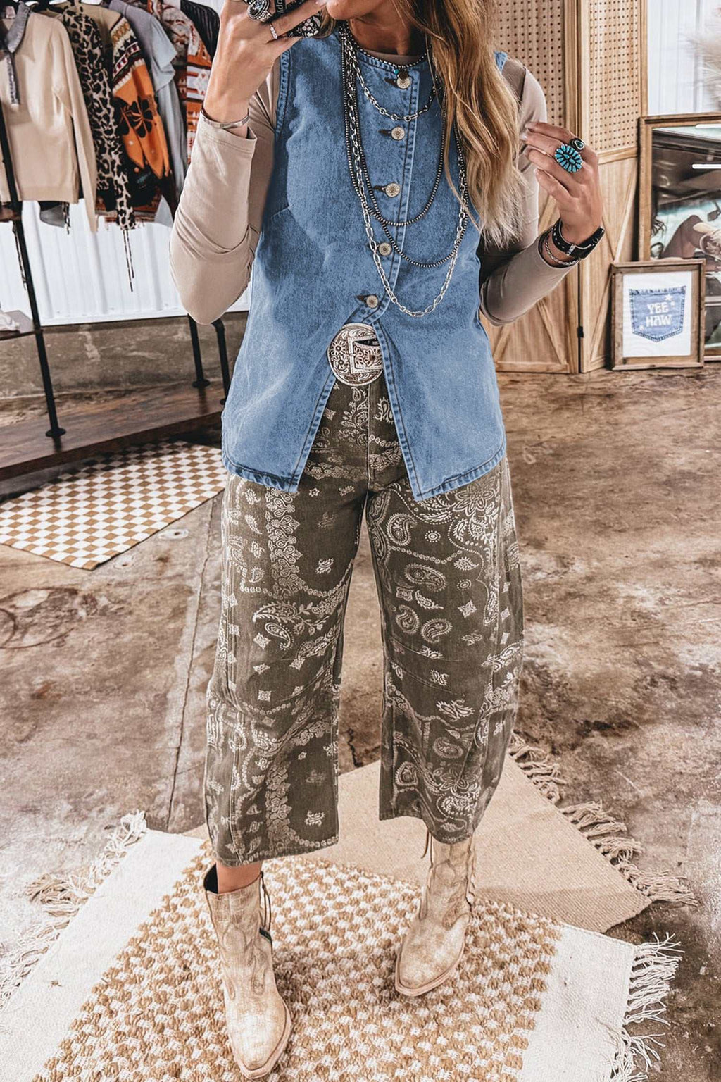 Black button front denim vest, view 6