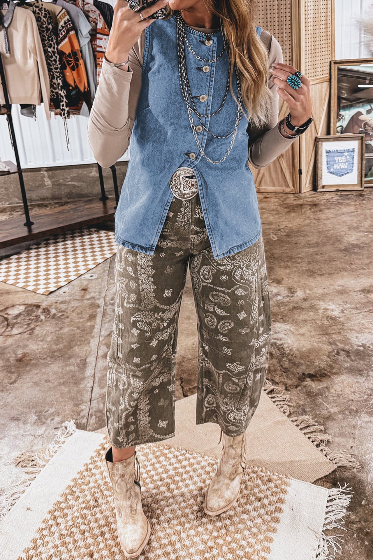 Black Buttoned Front Slit Denim Vest