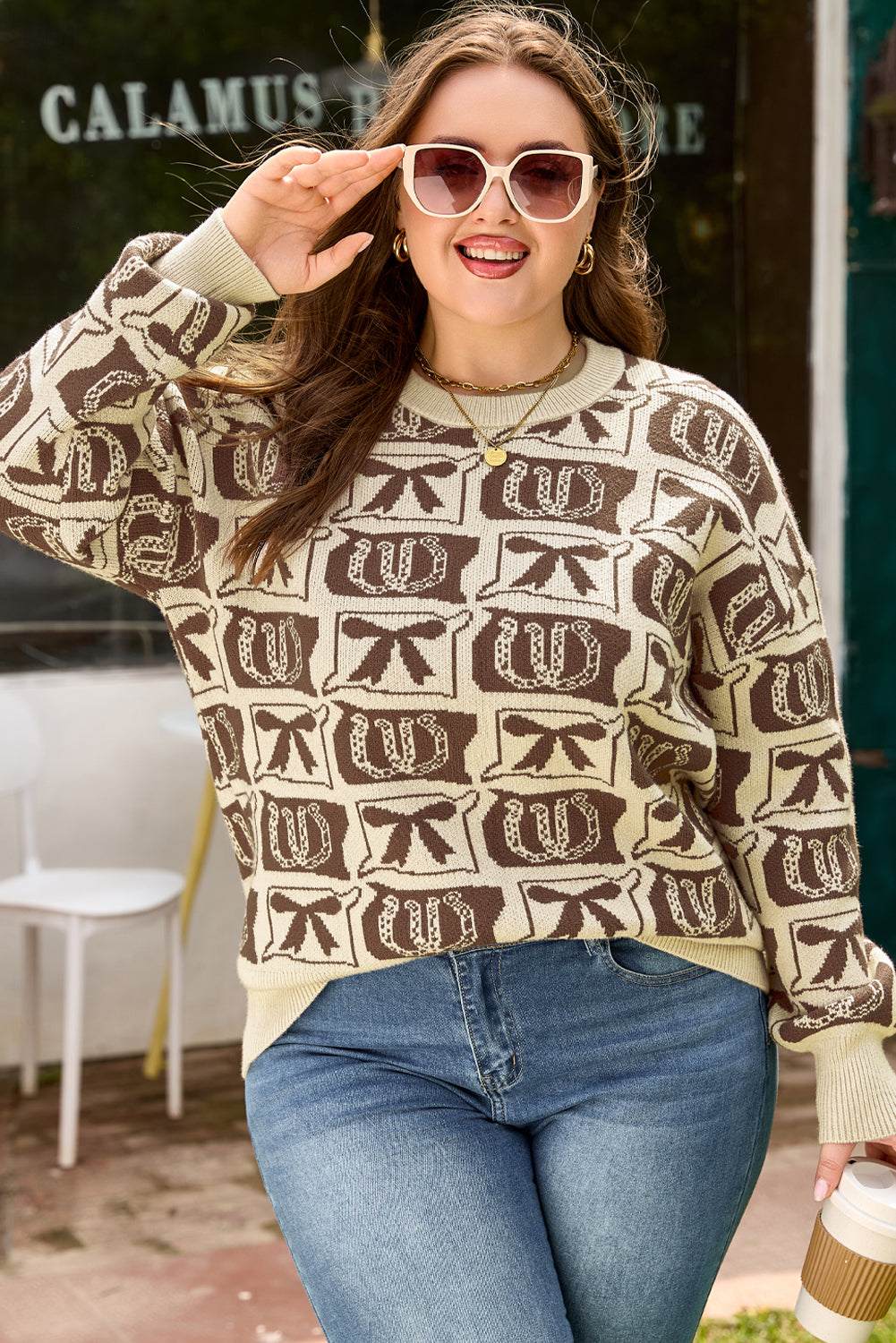 Brown horseshoe plus size sweater, view 5