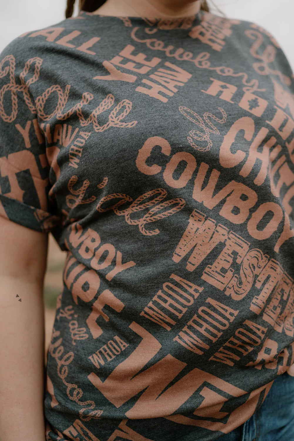 Dark grey Howdy Cowboy western fashion tee with bold letter print
