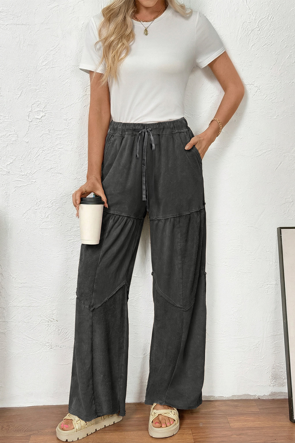 Black tiered wide leg pants, view 9