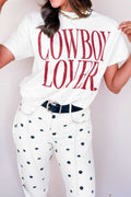 Women's white graphic tee with COWBOY LOVER lettering