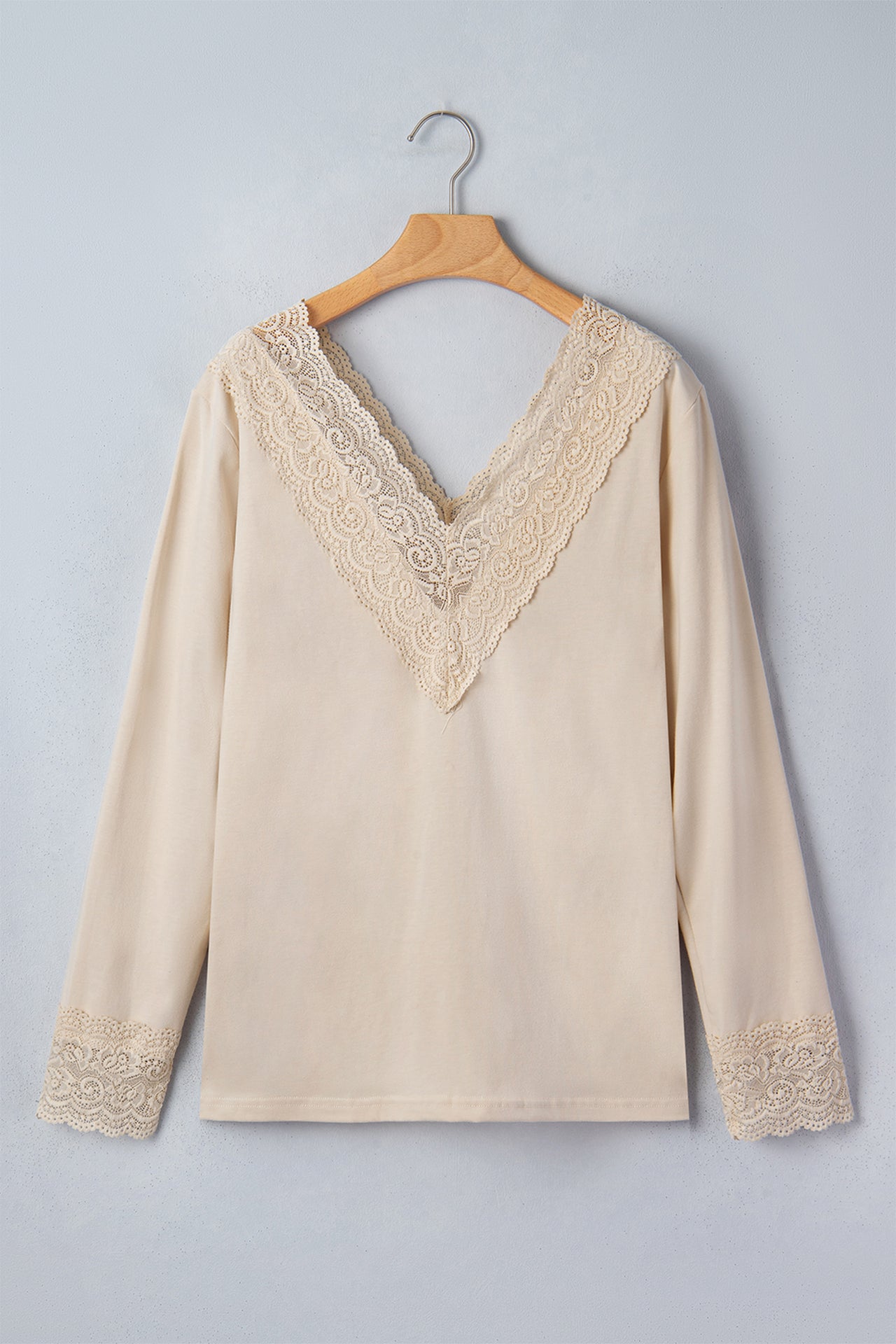 Apricot Lace Trim V Neck Long Sleeve Patchwork Pullover Top