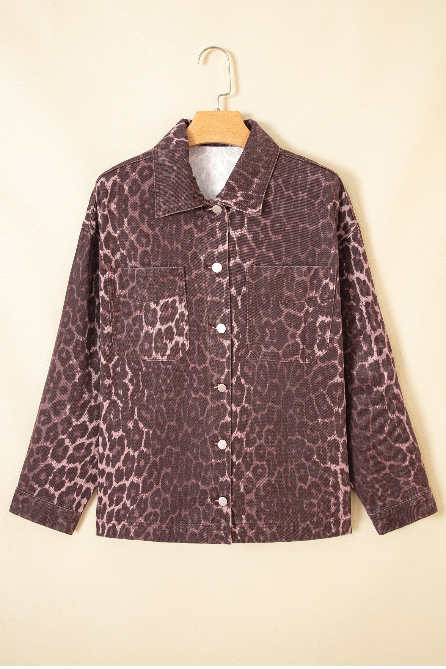 Khaki Oversized Leopard Print Long Sleeve Patch Pocket Denim Jacket Dear-Lover Dropshipping