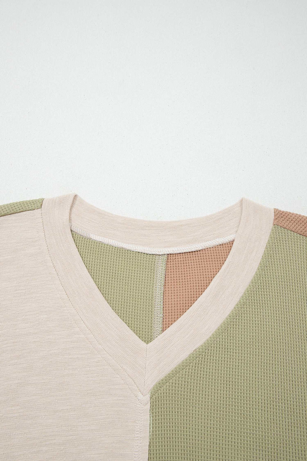 Green Plus Mixed Texture Color Block Patchwork V Neck Long Sleeve Top BD Boutique