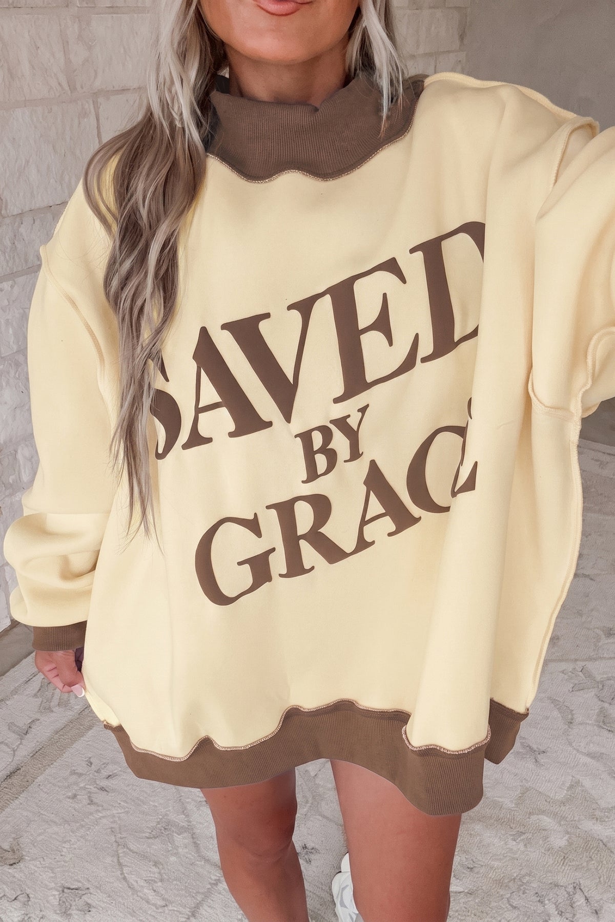Beige Saved By Grace Print Color Block Mock Neck Oversized Sweatshirt Dear-Lover Dropshipping