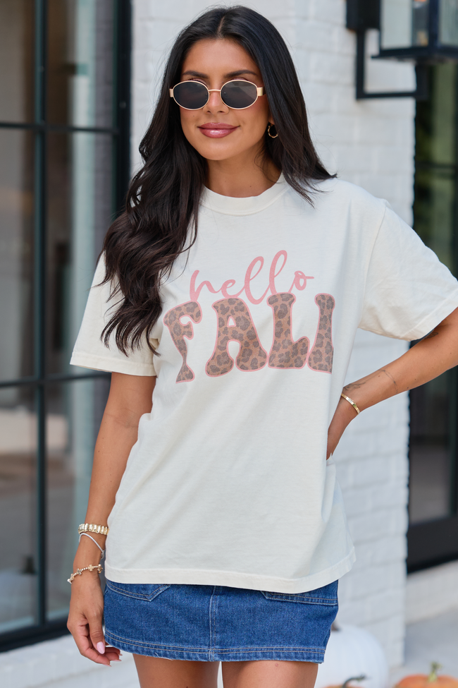 Front view of Hello Fall Leopard Ivory Graphic Tee in ivory with leopard block letters