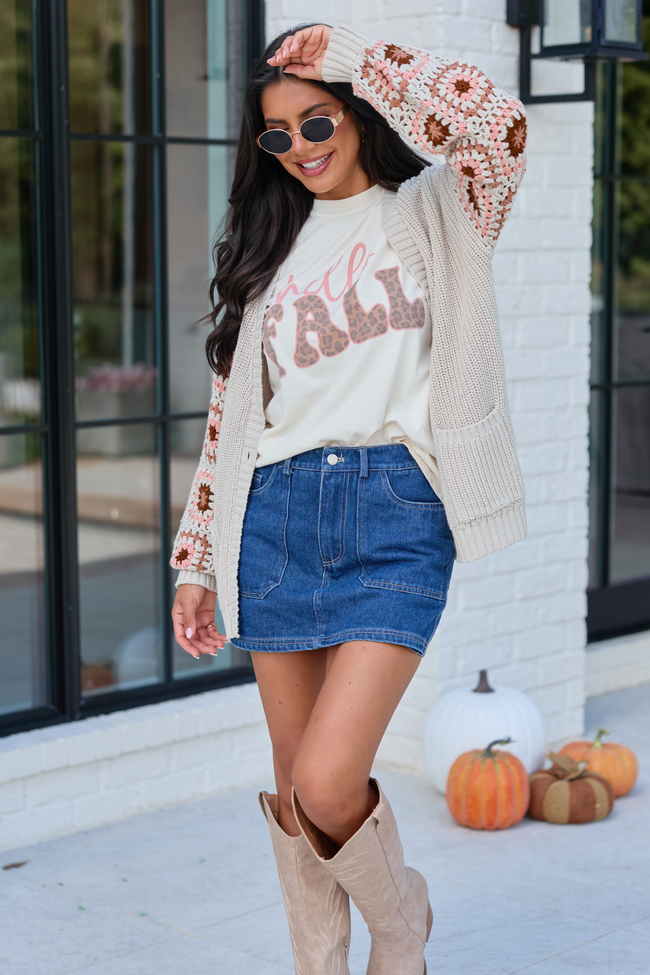 Model wearing Hello Fall Leopard Ivory Graphic Tee with knee-high boots and cardigan