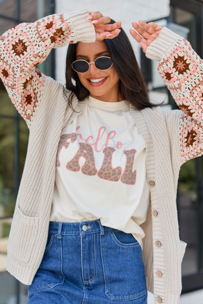 Hello Fall Leopard Ivory Graphic Tee with crochet granny square sleeve cardigan