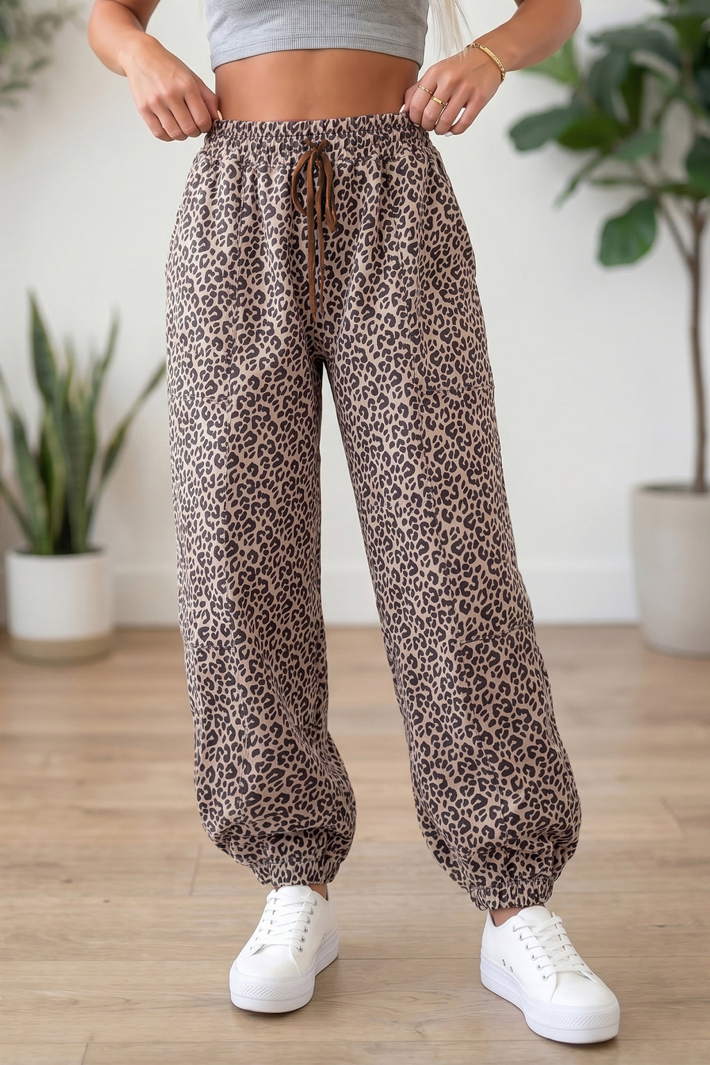 Khaki Leopard Print Elastic Waist Ankle Length Pants Dear-Lover Dropshipping