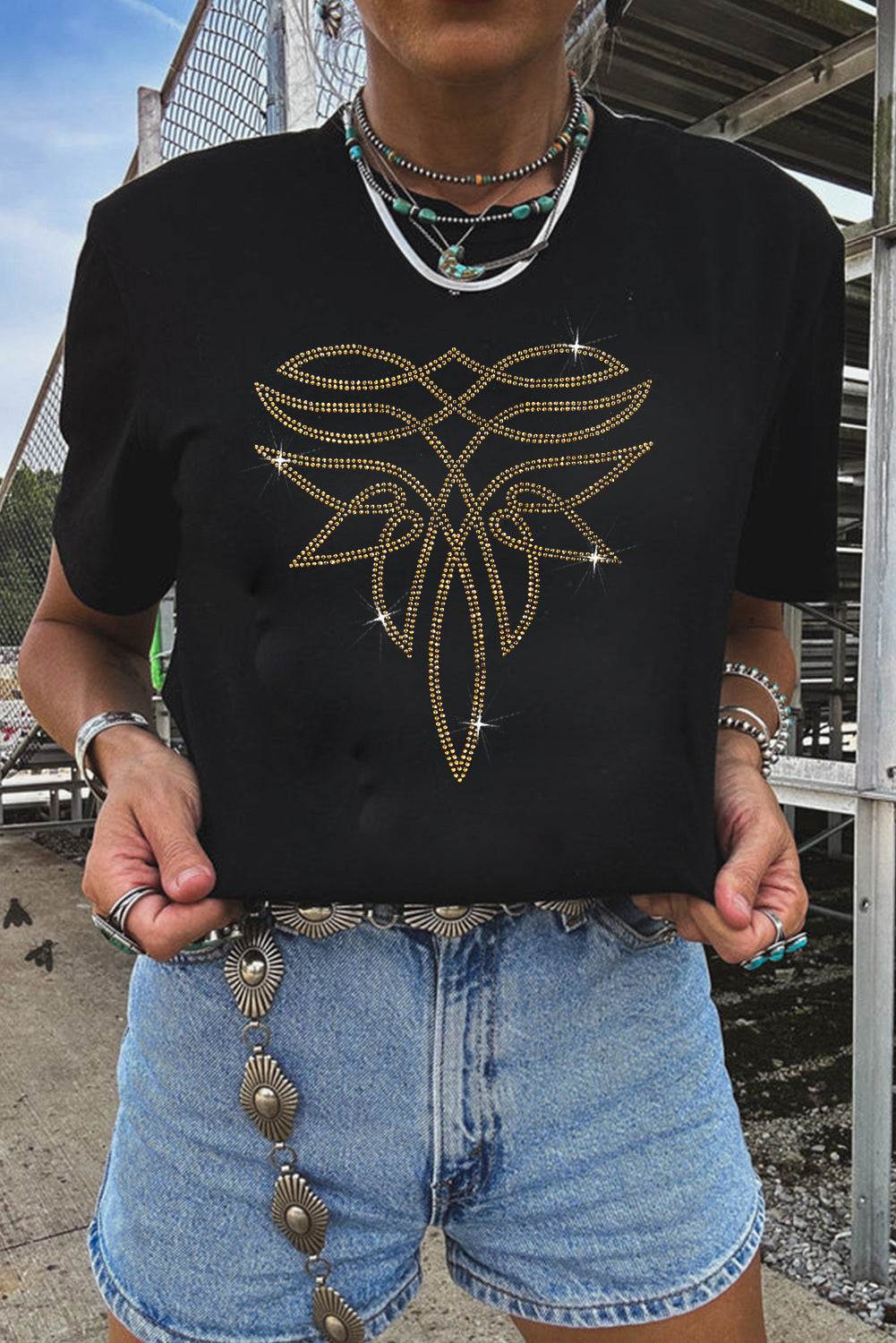 Black Rhinestone Western Graphic Tee in black cotton blend with sparkling gold rhinestone southwestern pattern on front